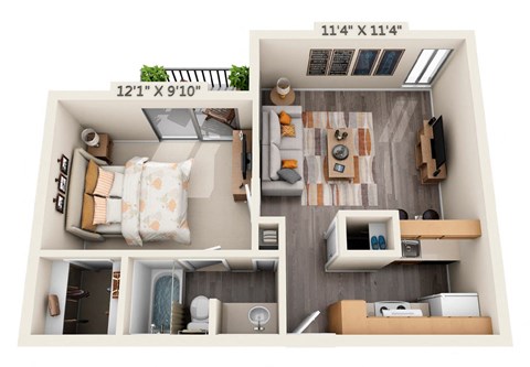 Floor plan for 1 bed, 1 bath, 582 sqft